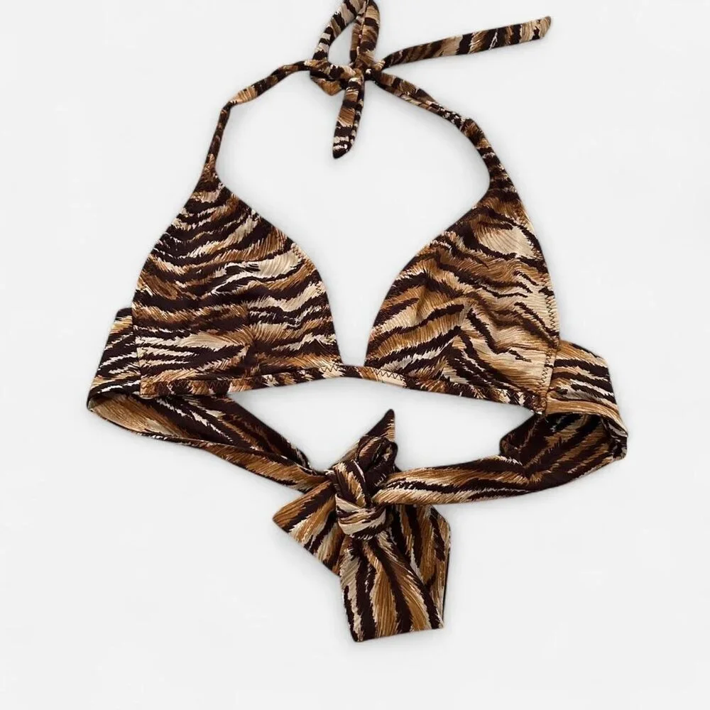 Y2K vintage 2000s cheetah animal print brown halter tie back bikini top small - Picture 2 of 6